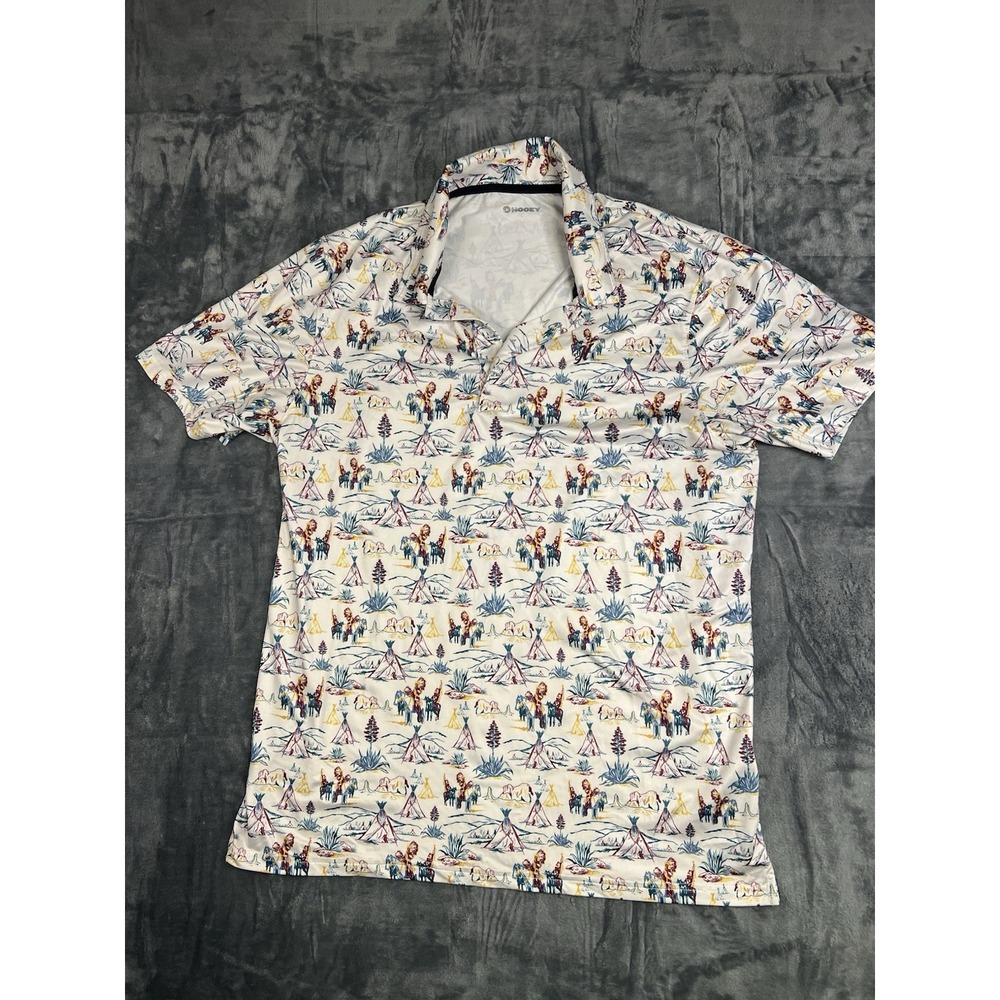 Hooey Men's L White Multicolor Graphic Print Western Cowboy Stretch Golf Polo